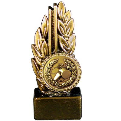 Stock 7" Laurel Trophy With 2" Whistle Coin and Engraving Plate
