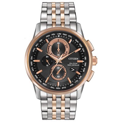 Citizen® World Chronograph A-T Stainless Steel Watch w/Black Dial & Rose Gold Accents