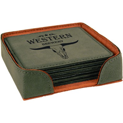 Square Gray Leatherette Coaster Set (4" x 4")