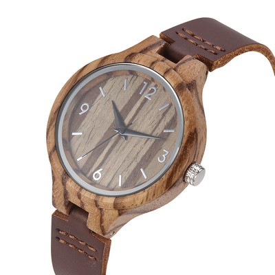 Zebra Wood & Leather Watch