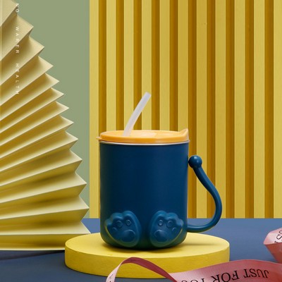 Cute 300ml Stainless Steel Kid's Milk Cup With Straw And Handle