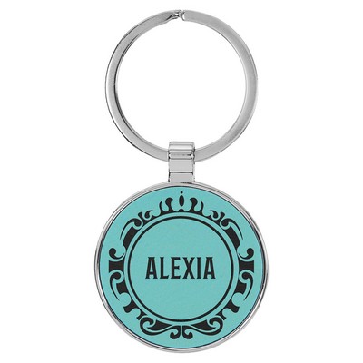 1 1/2" Leatherette/Metal Teal Round Keychain