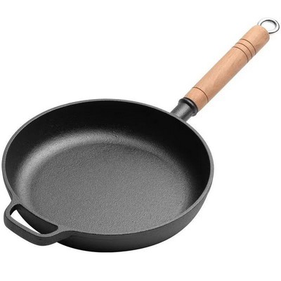 Wood Handle 9.06" Dia. Cast Iron Pan Frying Pan Uncoated Pancake Pan