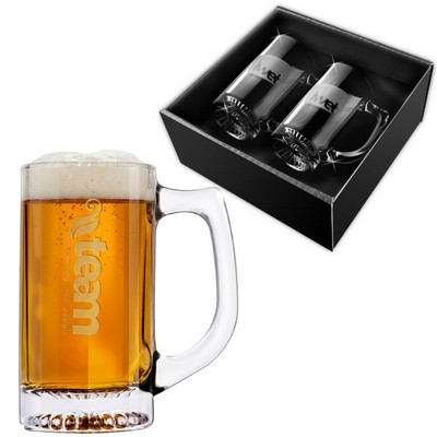 13 oz Deep Etch Glass Beer Mugs in Bellagio Box (2-Piece Set)