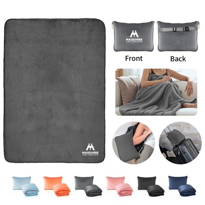 50" x 60" Fleece Throw Embroidered Grab-N-Go Travel Pillow and Blanket with A Carabiner for Airplane