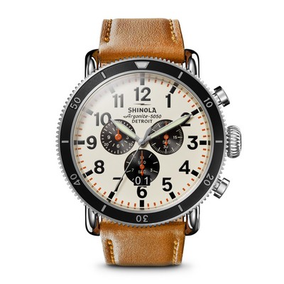 Shinola Mens' Runwell Chrono Bourbon Leather Strap Watch Ivory Dial