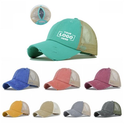 Ponytail Washed Distressed Mesh Trucker Cap