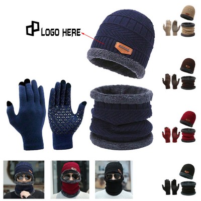 Winter Fuzzy Lining Beanie Scarf Gloves Set