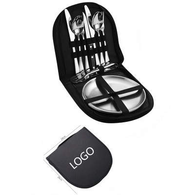 2-Person Portable Stainless Steel Camping Flatware Set w/ Plates & Zipper Case