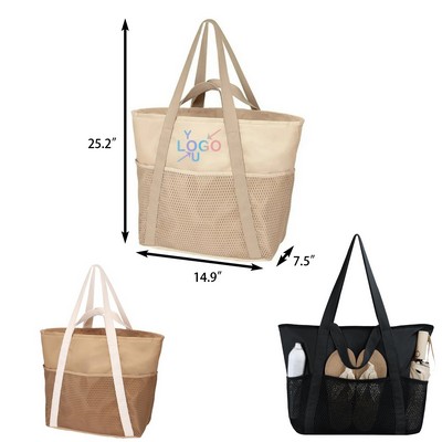 Foldable Beach Tote Bag with Zippered Mesh Pockets