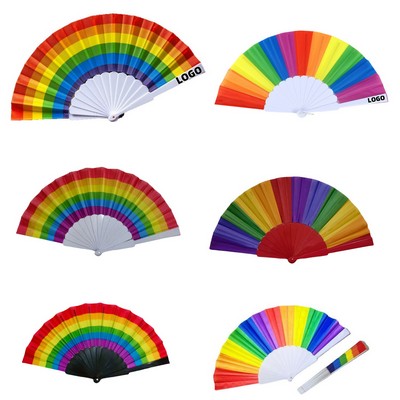 9" Rainbow Folding Fan with Print on Handle