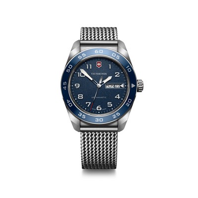 Swiss Army 42mm, silver case, blue bezel/dial, steel bracelet