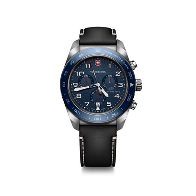 Swiss Army Chrono 42mm, silver case, blue bezel/dial, black leather strap