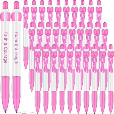 Pink Ribbon Bowknot Breast Cancer Awareness Plastic Ballpoint Pen Push Retrackable