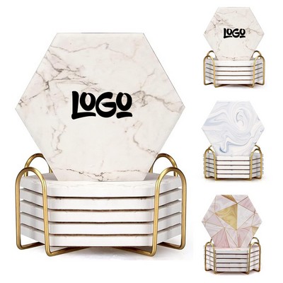 6Pcs Absorbent Hexagon Ceramic Coaster Set