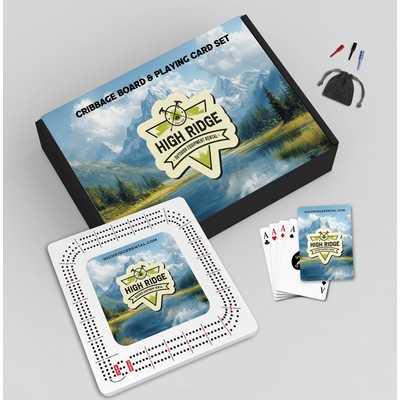 Boxed Cribbage Board & Playing Card Gift Sets - 11" square PVC