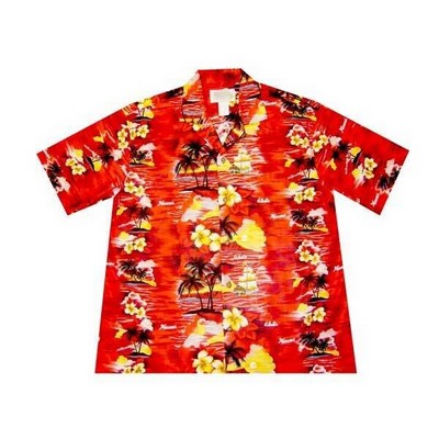 Red Hawaiian Cotton Poplin Shirt w/Button Front & Short Sleeves