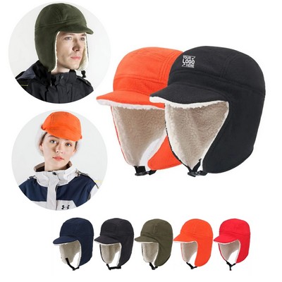 Windproof Earflap Hat Outdoor Thermal Skull Cap Men's Sherpa Lined Warm Winter Hats with Visor