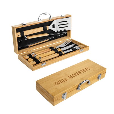 Luxury 5-Piece Bamboo Box Grill Tool Set In Carrying Case