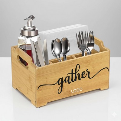 Wooden Utensil Storage Box Multi Compartment Kitchen Organizer Portable Cutlery Holder