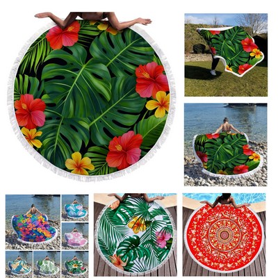 60" D Microfiber Round Beach Towel with Fringe