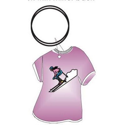 Female Skier T-Shirt Key Chain w/Clear Mirrored Back (4 Square Inch)