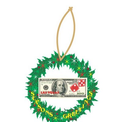 Las Vegas Dice $100 Bill Wreath Ornament w/ Black Back (2 Square Inch)