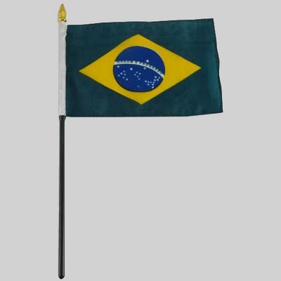 4"x6" Brazil Flag With Black Plastic 10" Pole & Gold Spear - Brazilian Flag