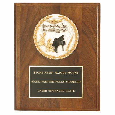 Walnut Finish Plaque w/Cast Stone Medallion & Black Plate (8"x 10")