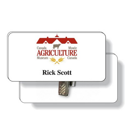 .060 White Plastic Badge with Bulldog Clip / rectangle (1.5" x 3") 4CP