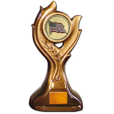 Stock Victory 9" Trophy with 2" US Flag Coin and Engraving Plate