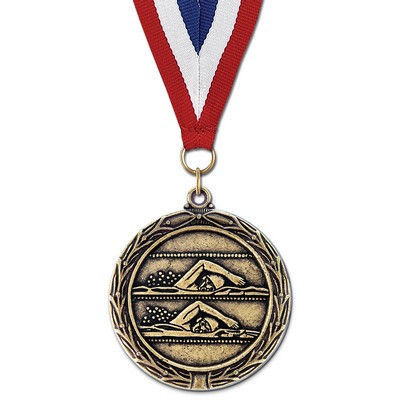 Double Swimmer LX Medal w/Red/White/Blue or Year Grosgrain Neck Ribbon (2¼")