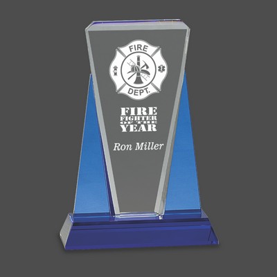 Clear/Blue Wedge Crystal Award on Blue Pedestal Base (6"x8½")