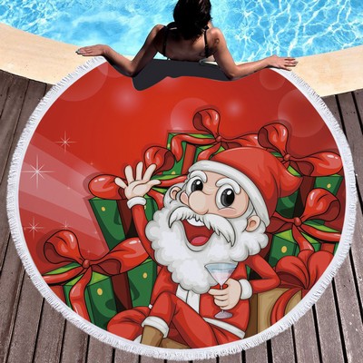 60" Large Christmas Edition Microfiber Round Beach & Picnic Towel with Tassels