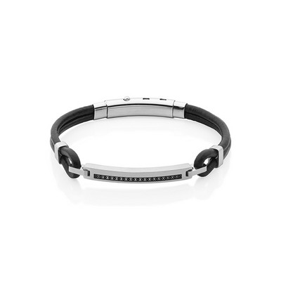 CJ Steelx ID Bracelet with Leather and Black Cubic Zirconia