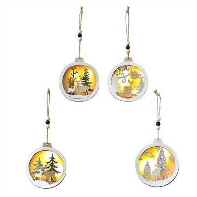 Round Hollowed Out Plywood Luminous Decorative Christmas Tree Ornaments With LED Light Inside