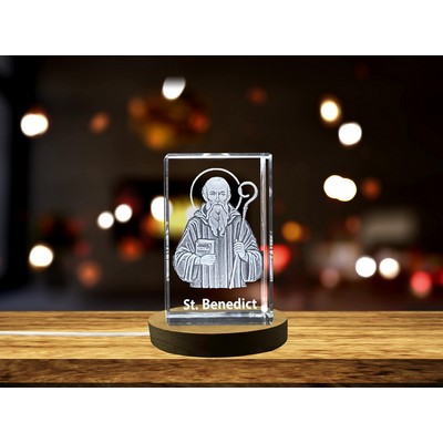 St. Benedict 3D Engraved Crystal Trophy Award w/LED Base - Patron Saint of Europe