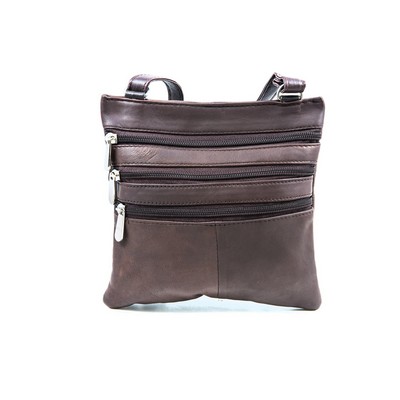 Champs Luggage Brown Leather Triple Zip Crossbody Bag Size 7"X7"X0.5"