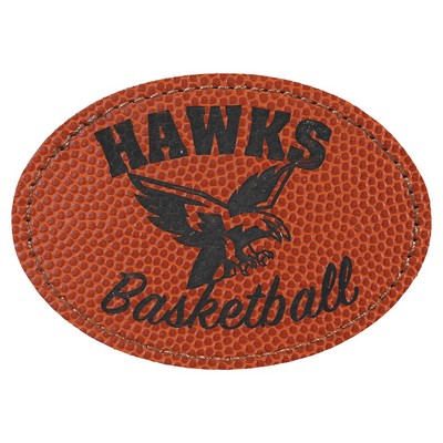 Oval Engraved Patch with Adhesive, Basketball Faux Leather, 3 1/2" x 2 1/2"