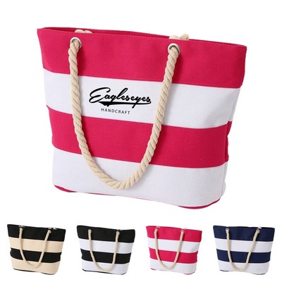 Striped Beach Tote Bag with Cotton Rope Handle