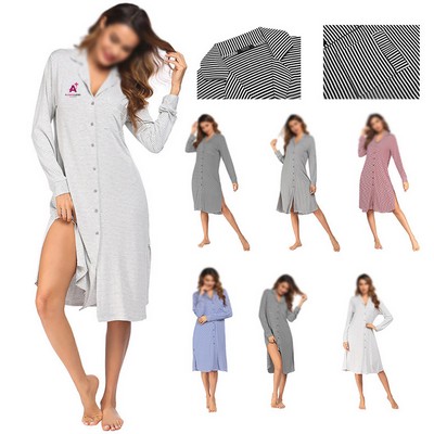 Women'sLoungewearPajamas Long-Sleeve striped PrintNightgown Dress