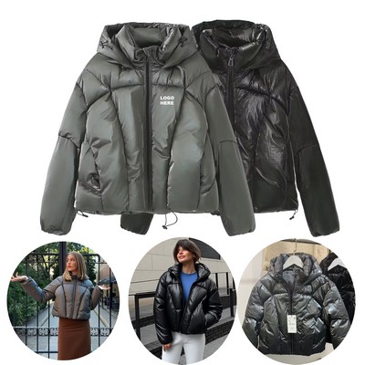 Custom Winter Outerwear Women's Shiny Cotton Puffer Jacket with Hood