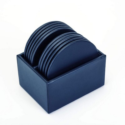 Navy Blue Leatherette 10 Round Coaster Set w/ Holder