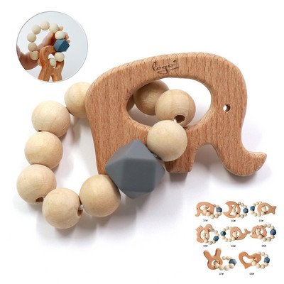 Natural Wooden Baby Rattle & Teether with Silicone Bead