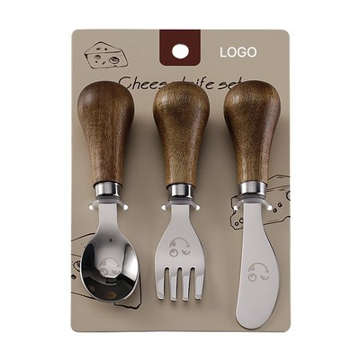 304 Stainless Steel Smile Face Cutlery Set Wooden Handle Western Dessert Spoon Fork Knife