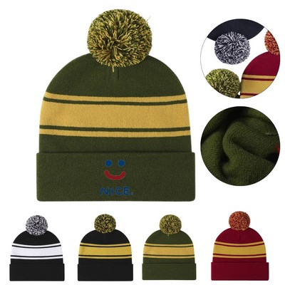 Classic Ribbed Knit Beanie with Pom Pom