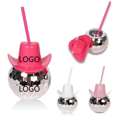 20oz Disco Ball Shaped Drink Tumbler W/ Silver Sparkly Cowboy Hat Lids & Straw