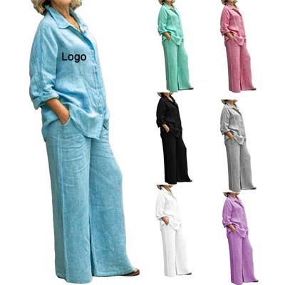 Women 2 Piece Pant Suit Cotton Linen Plus Size Outfit Sets Long Sleeve Button Shirts Wide Leg
