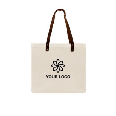 USA Made Natural Leather Handle Natural Canvas T Bottom Tote Bag