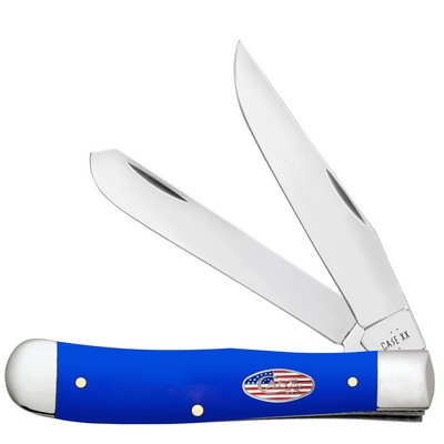 Smooth Royal Blue Synthetic Trapper Pocket Knife with Flag Case Shield
